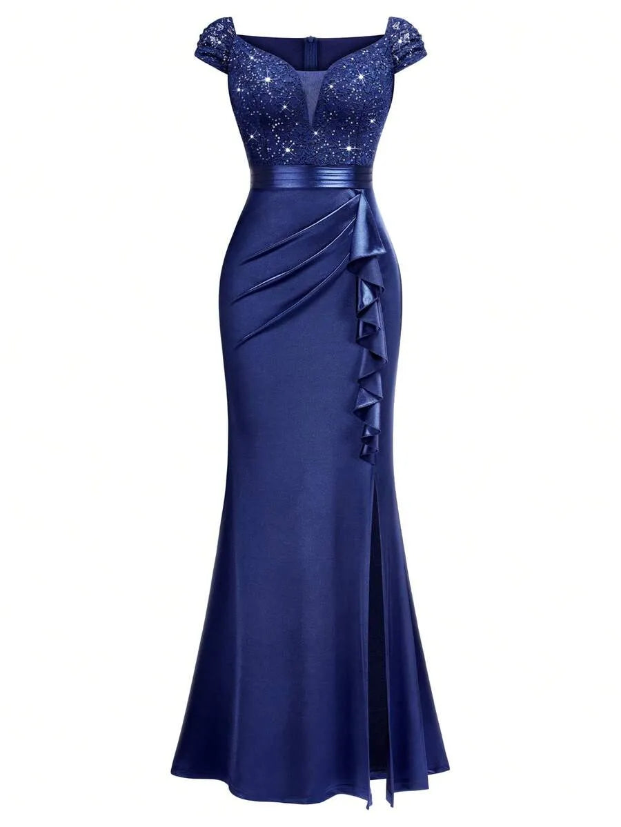 Sweetheart Sequin Lace Satin Mermaid High Slit Evening Dress