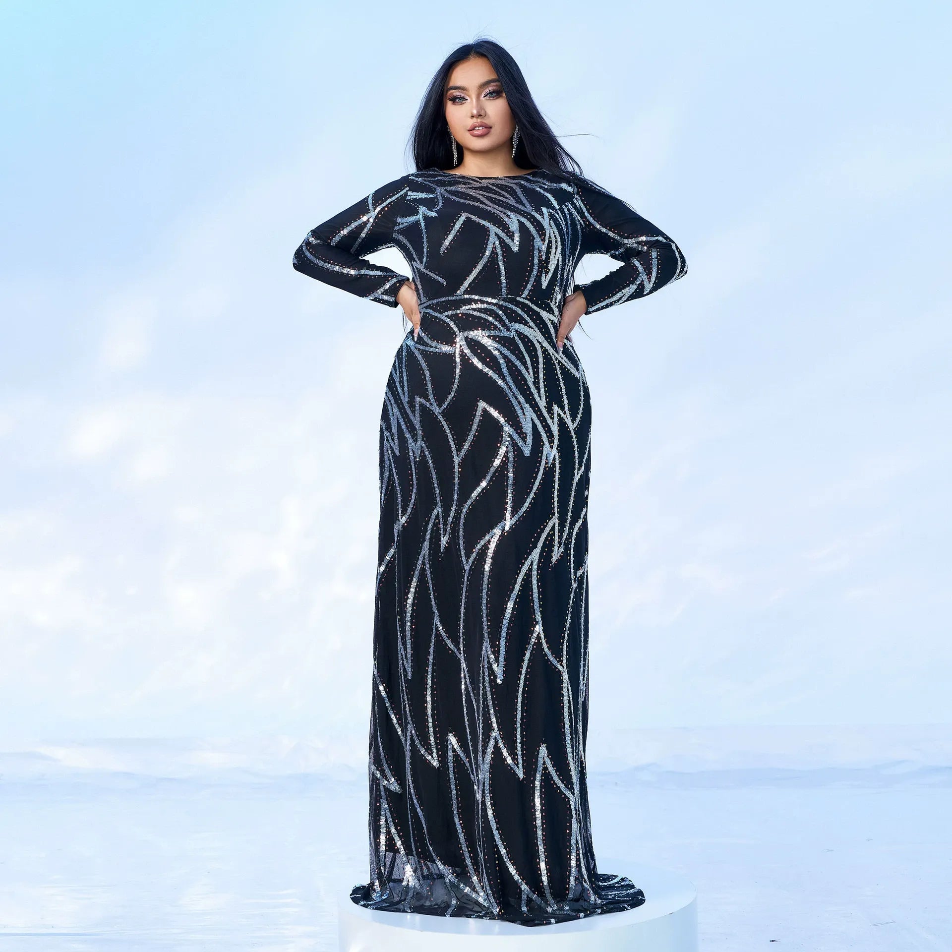 Plus Long Sleeve Sequin A-line Dress PXJ1962