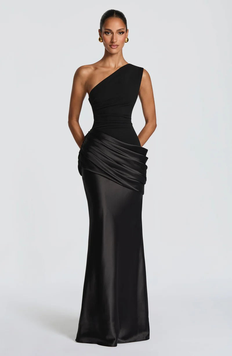 One Shoulder Ruched Maxi Evening Dress