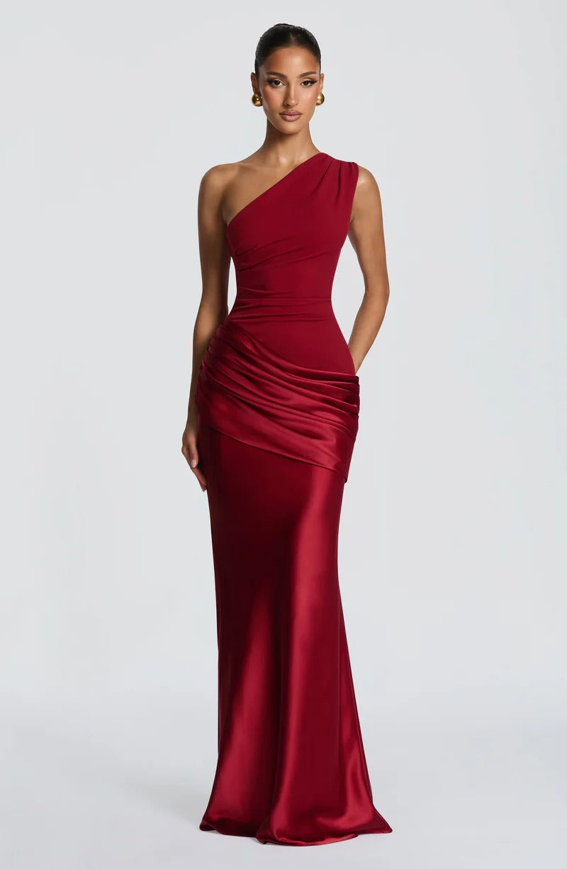 One Shoulder Ruched Maxi Evening Dress