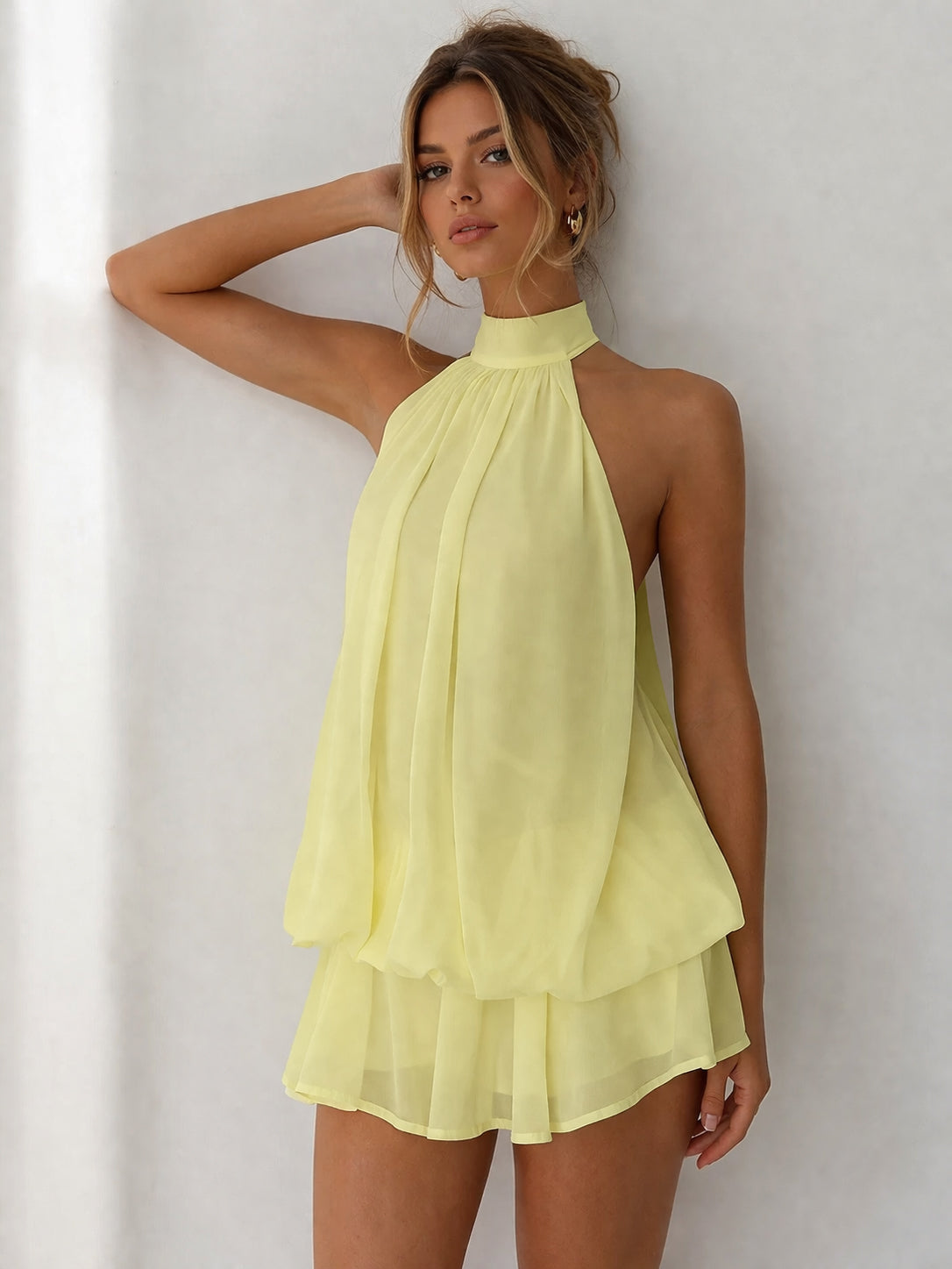 Halter Neck Ruffle Layered Mini Dress XF251328