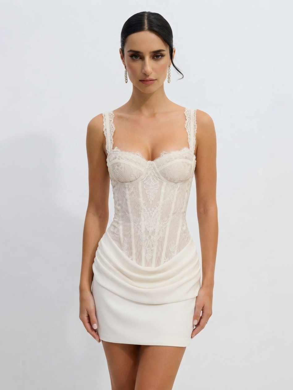 White Ruched Lace Corset Cocktail Dress