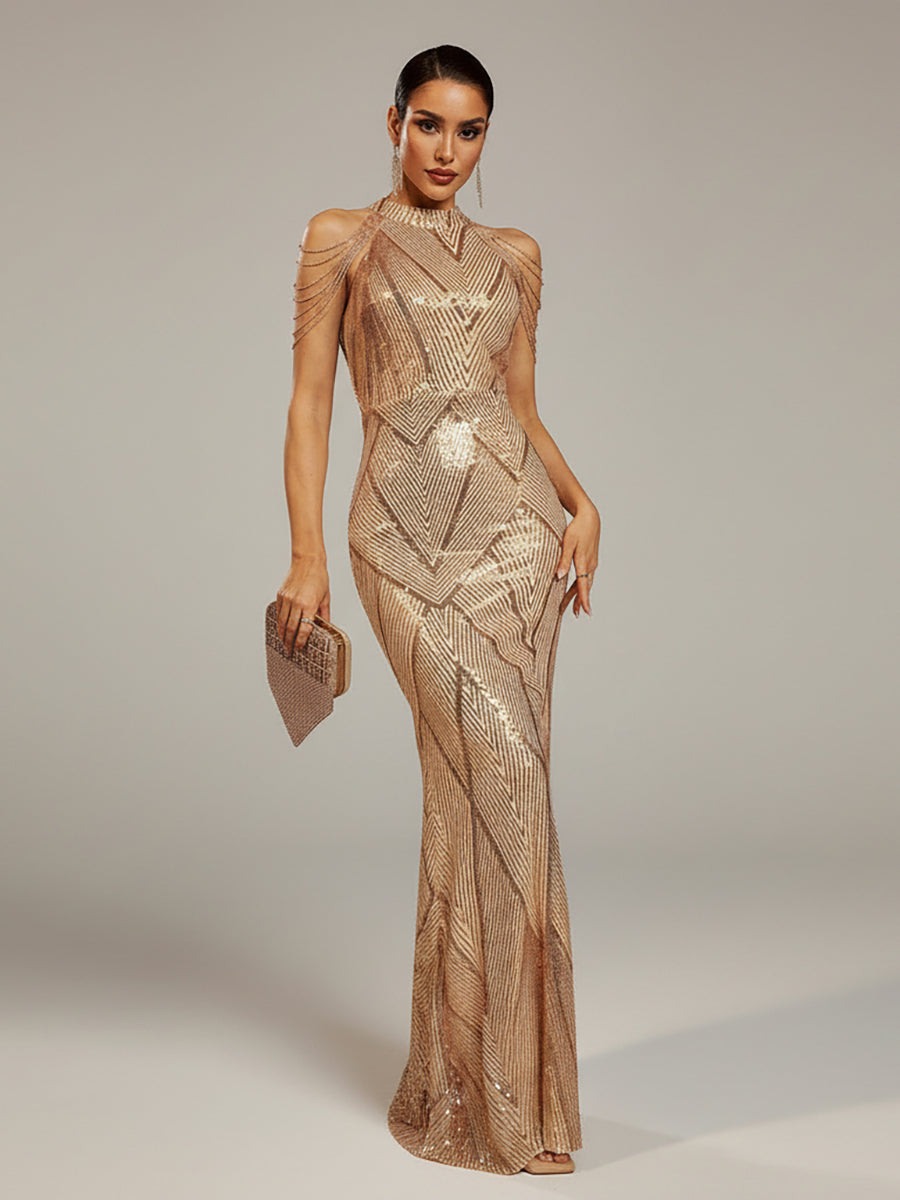 Cold Shoulder Beads Chain Cocktail Dress M01081