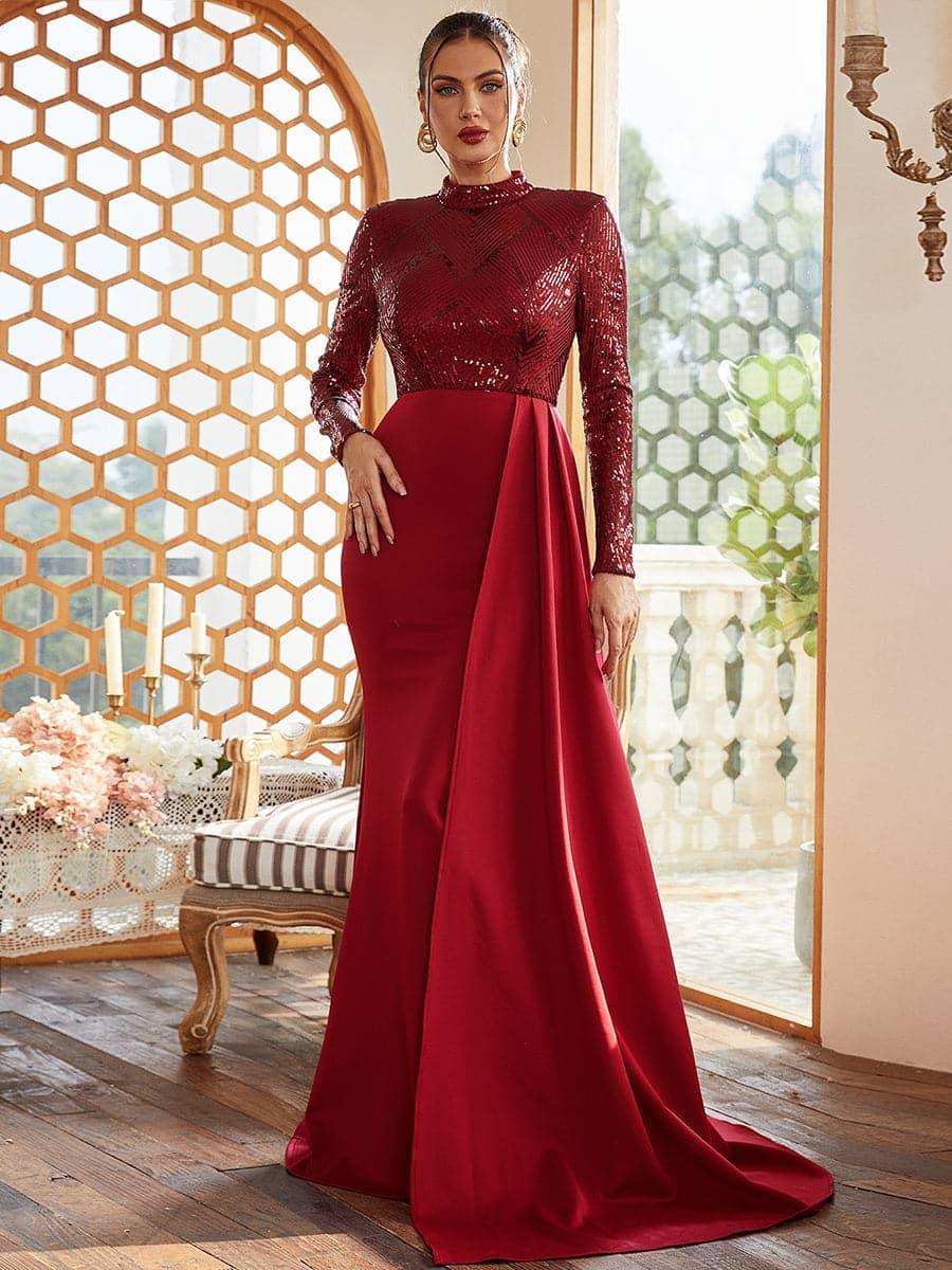 Draping Long Sleeve Sequin Formal Dress M02153
