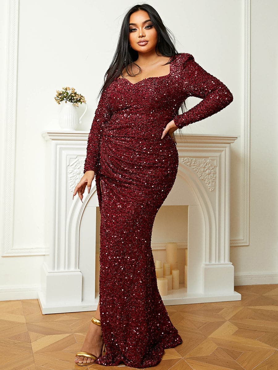 Plus Size Sweetheart Long Sleeve Burgundy Sequin Prom Dress PJM041L