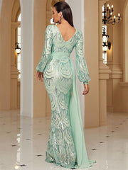 V-Neck Long Sleeve Draped Sequin Mermaid Prom Dress XJ1524