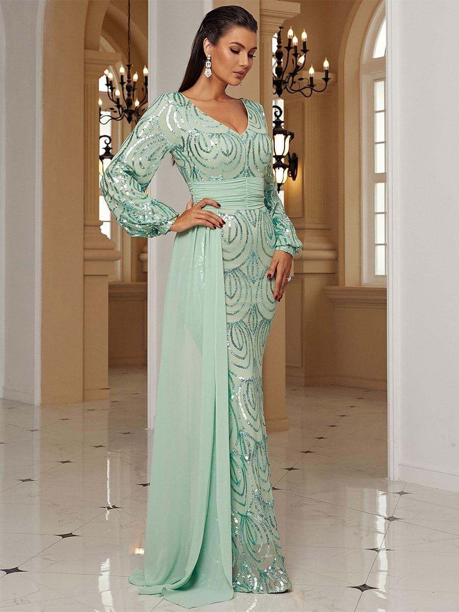 V-Neck Long Sleeve Draped Sequin Mermaid Prom Dress XJ1524