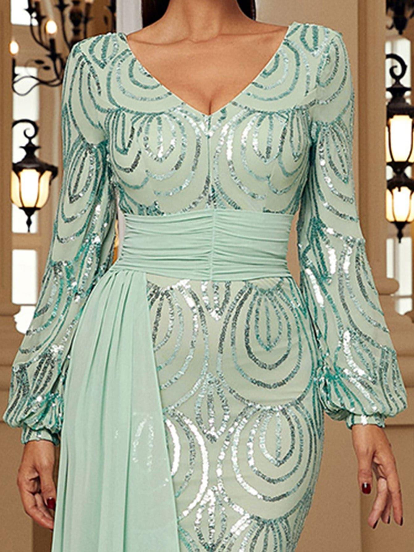 V-Neck Long Sleeve Draped Sequin Mermaid Prom Dress XJ1524