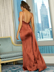 Strap Tank Maxi Satin Brown Formal Dress XJ1371