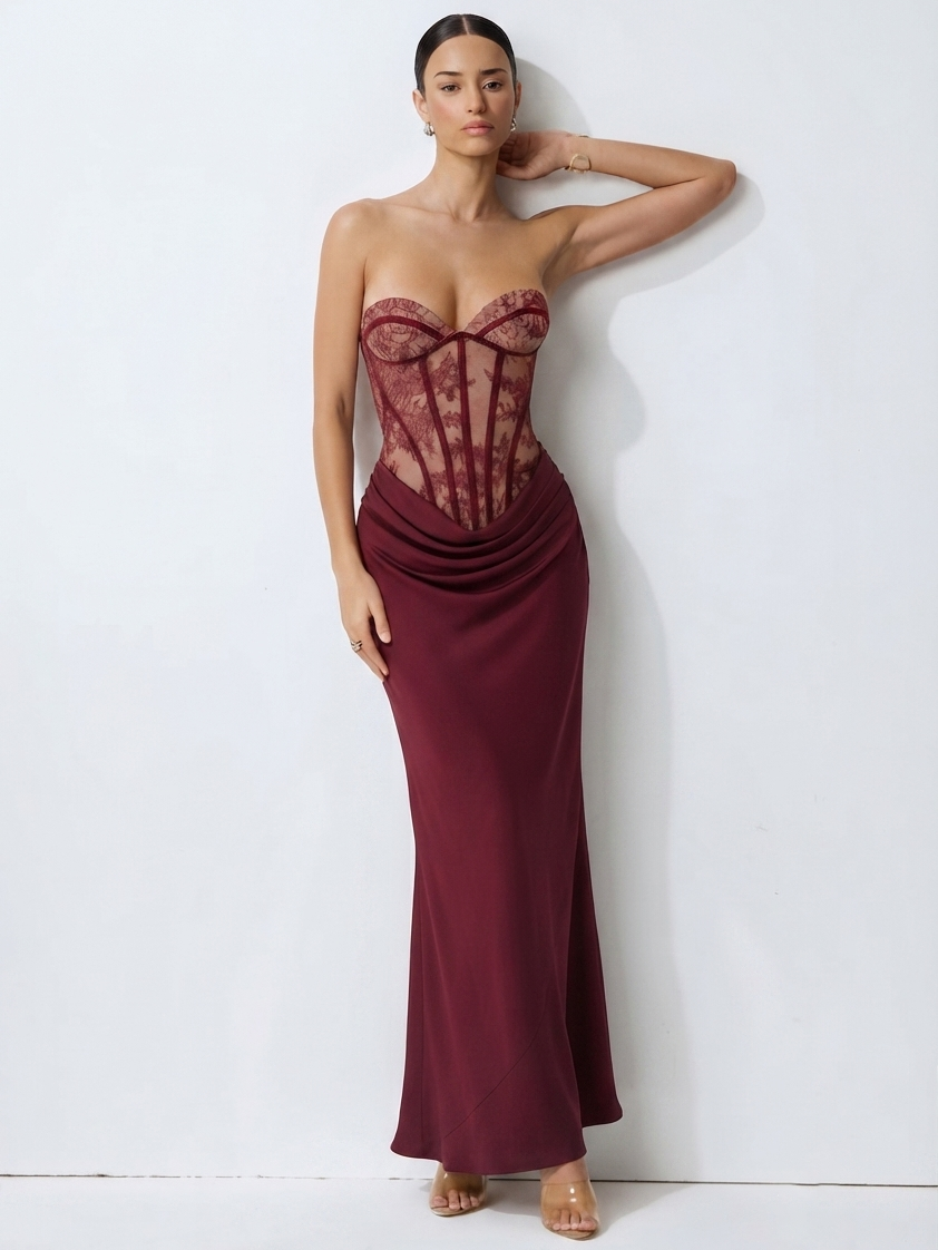 Strapless Lace Corset Ruched Formal Dress