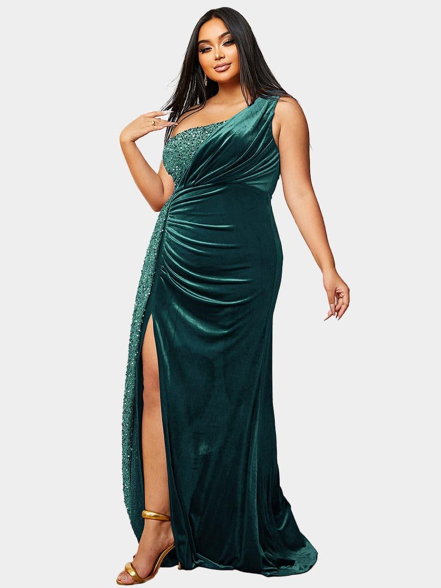 Plus Size One Shoulder Draped Sequin Burgundy Prom Dress PXH2356