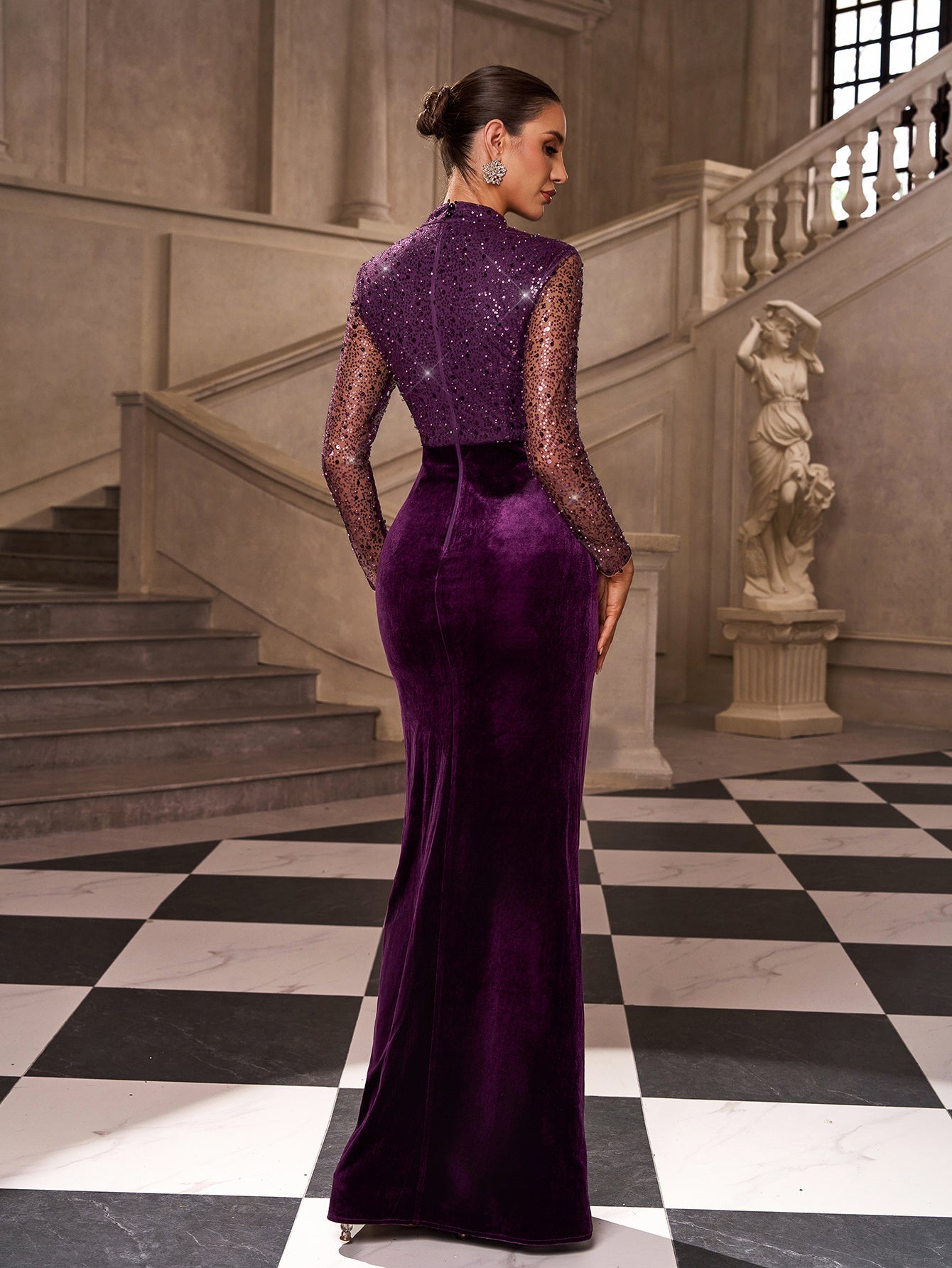 Keyhole High Neck Sequin Evening Dress SL30242