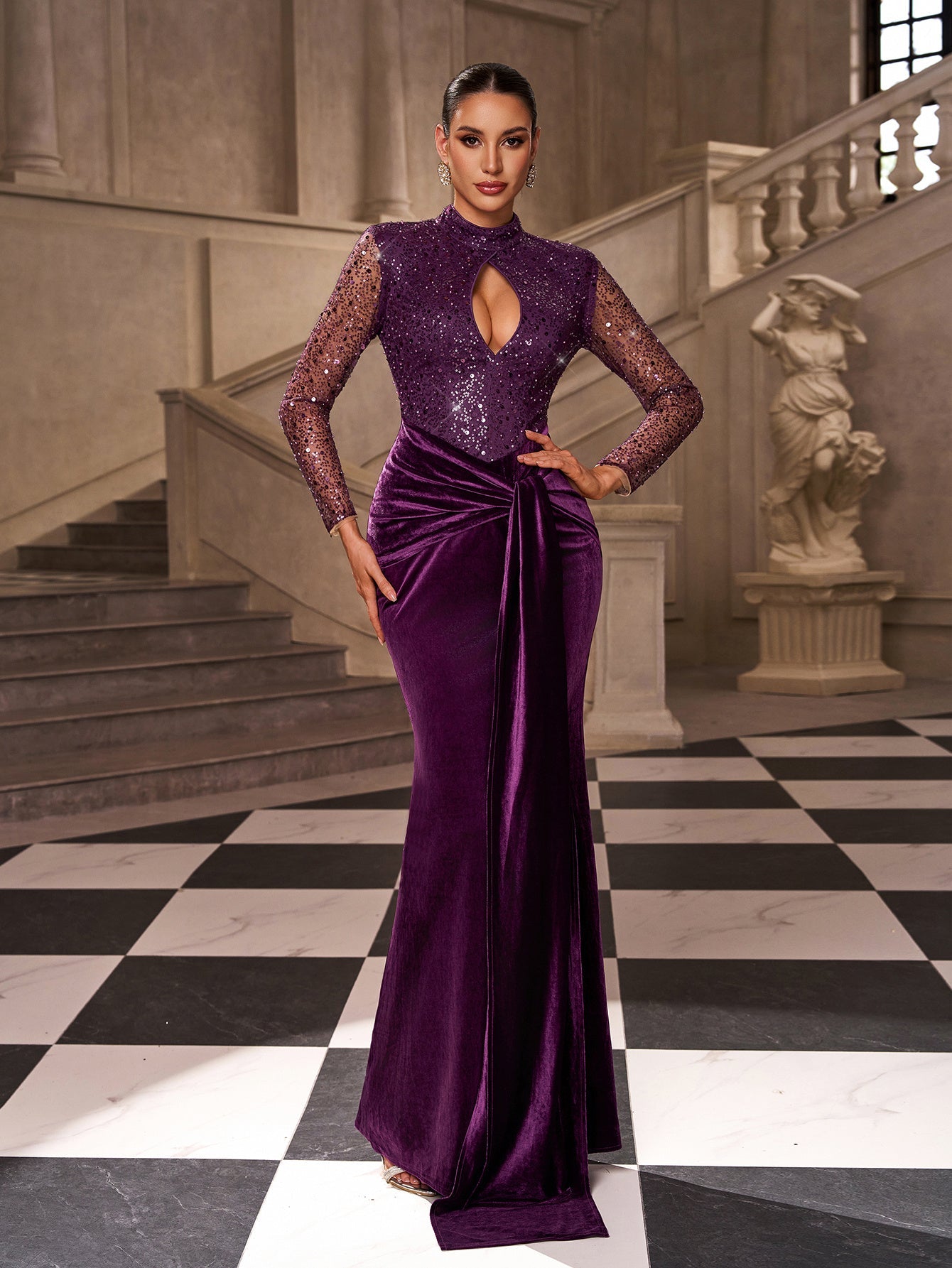 Keyhole High Neck Sequin Evening Dress SL30242