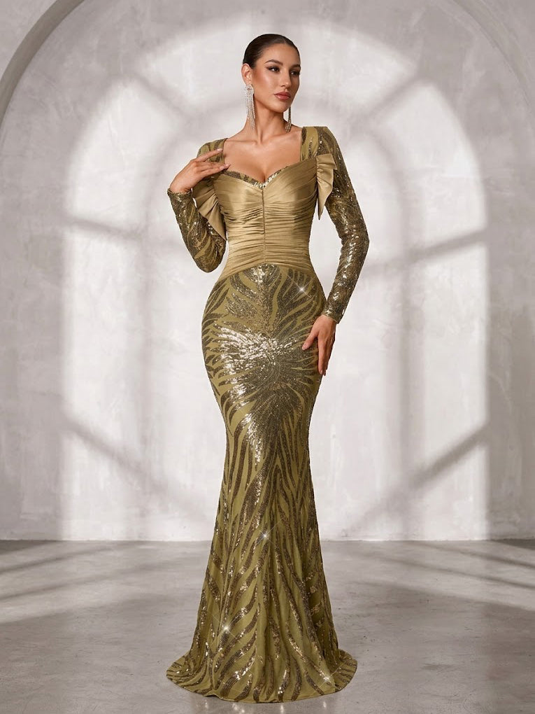 Green Graphic Sequin Ruched Formal Dress SL30182