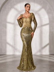 Green Graphic Sequin Ruched Formal Dress SL30182